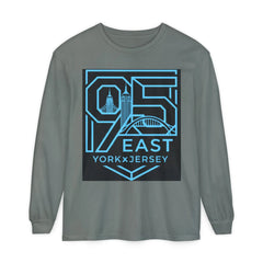 Grey long sleeve tee with blue '95 East YorkxJersey' graphic featuring city skyline design