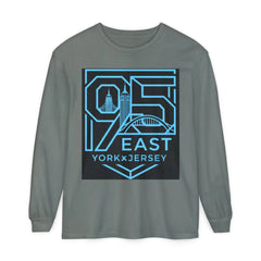 Grey long sleeve tee with blue '95 East YorkxJersey' graphic featuring city skyline design