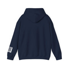 Back view of navy blue hoodie with barcode graphic on sleeve