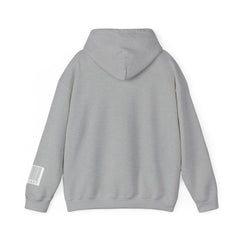 Back view of a light grey hoodie with barcode detail on the sleeve