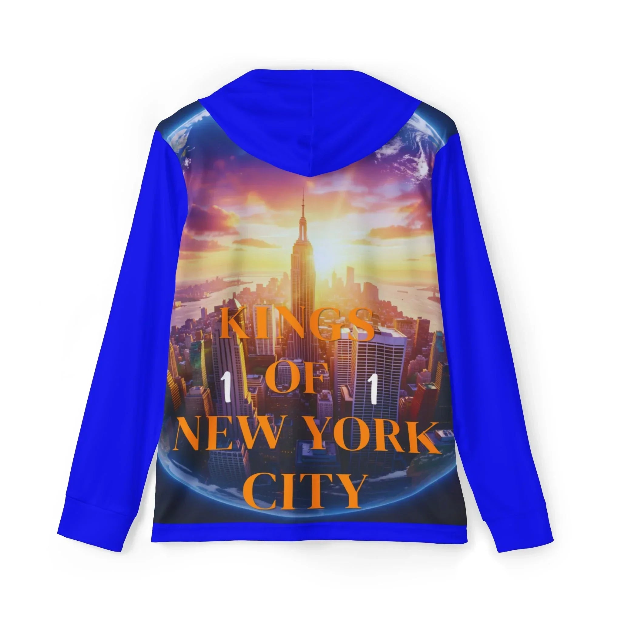 Blue hoodie with 'Kings of New York City' graphic, NYC skyline sunset design, East Coast streetwear style