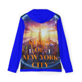 Blue hoodie with 'Kings of New York City' graphic, NYC skyline sunset design, East Coast streetwear style