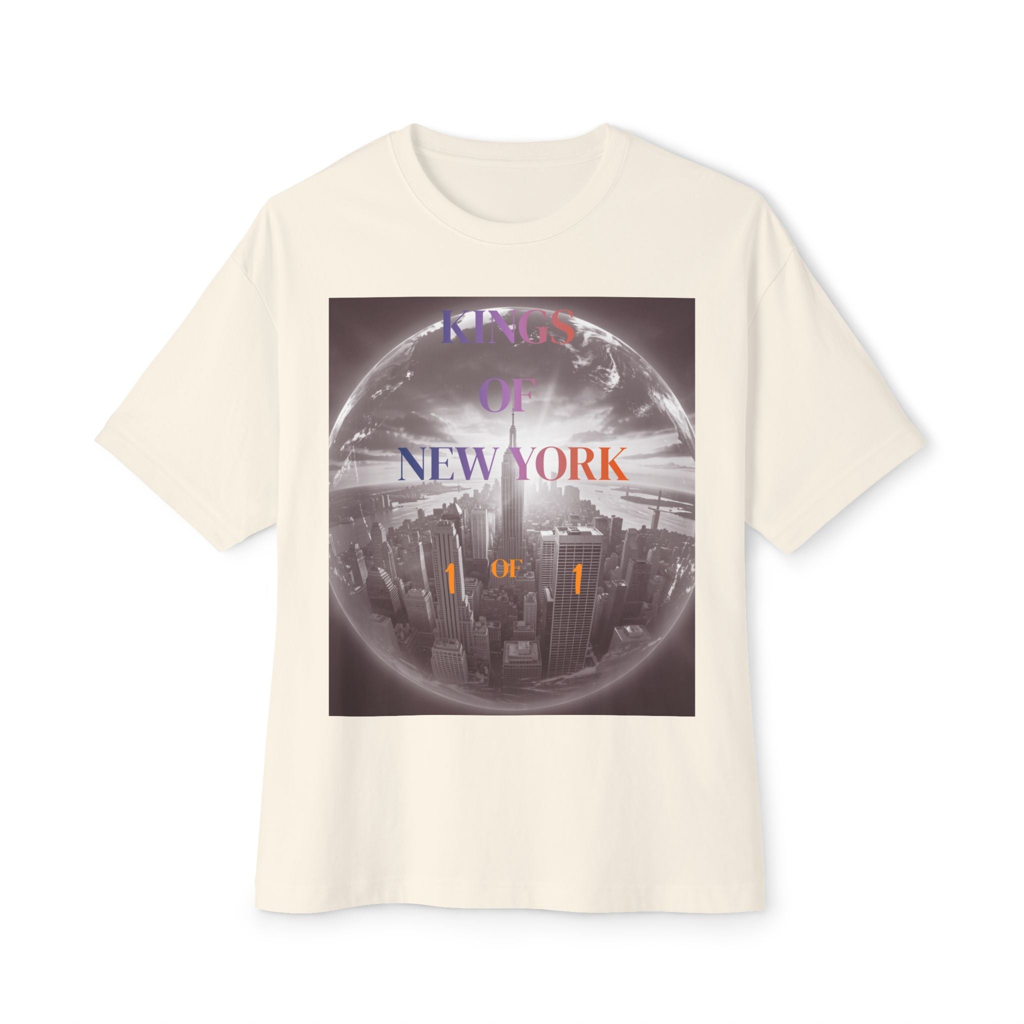 Cream t-shirt with 'Kings of New York' graphic, NYC skyline inside globe, '1 of 1' text