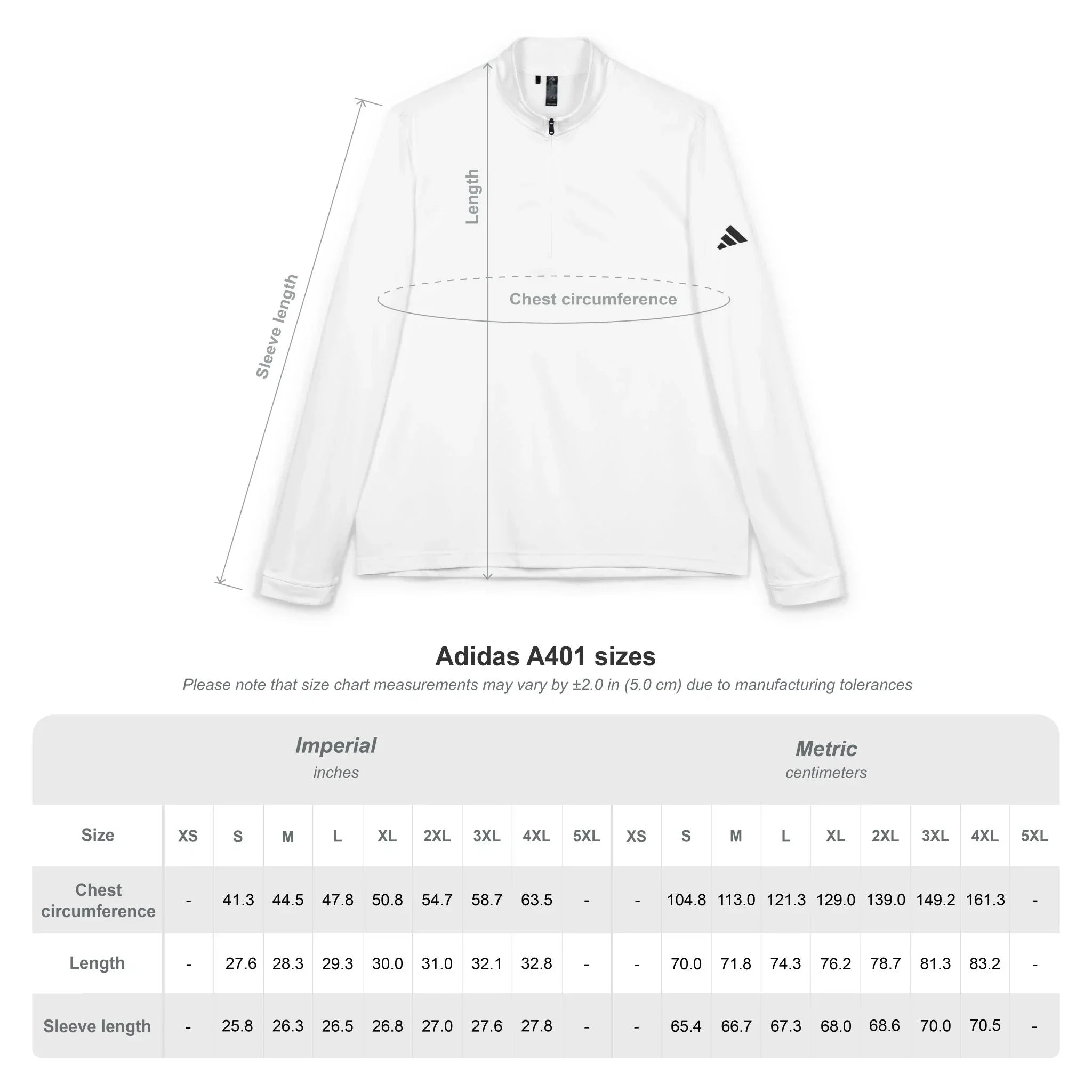 Adidas A401 sizing chart with chest, length, and sleeve measurements for jacket.