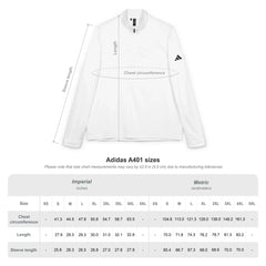 Adidas A401 sizing chart with chest, length, and sleeve measurements for jacket.