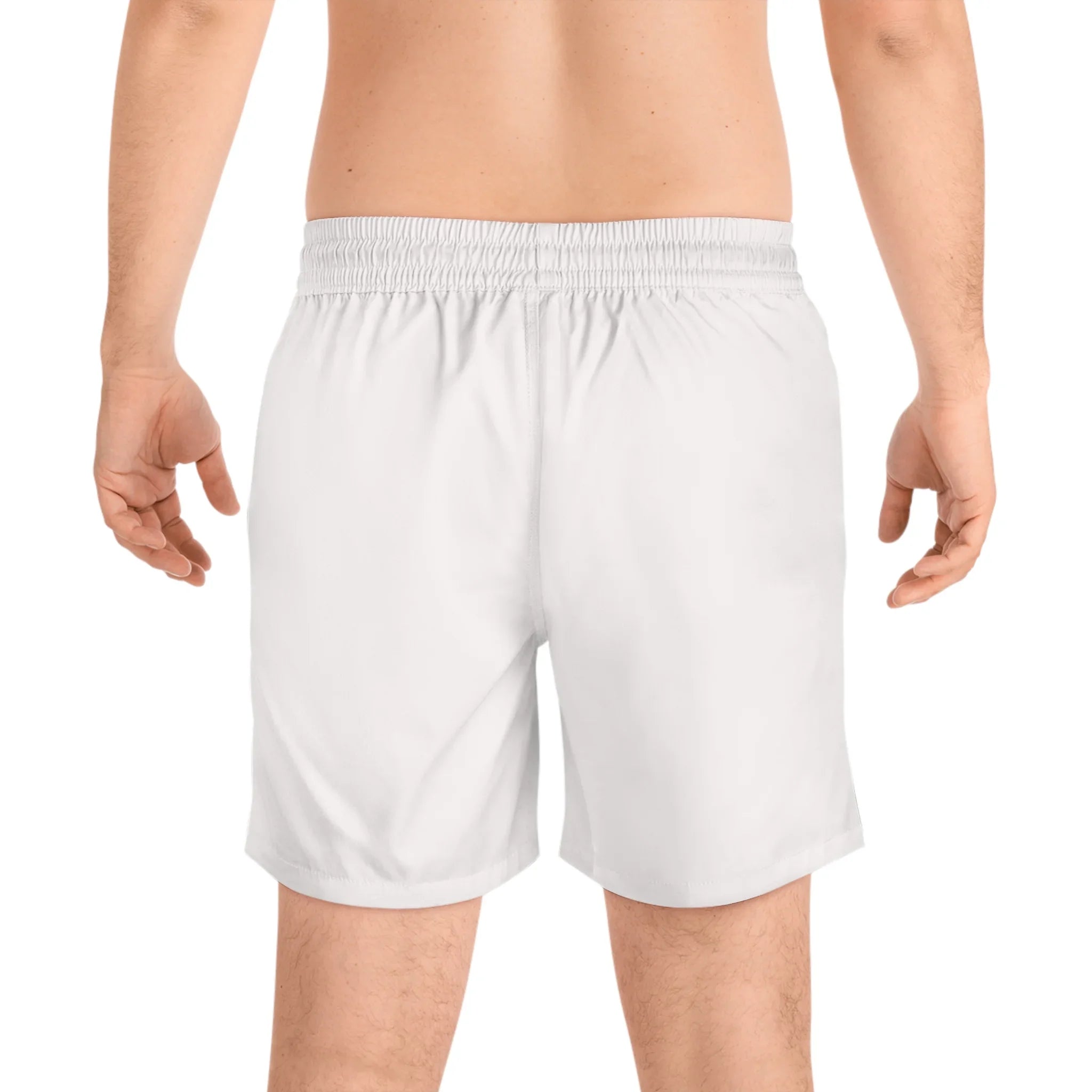 White men's shorts with elastic waistband, back view