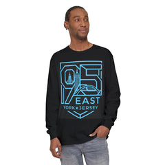 Black long sleeve hoodie with blue 95 East York x Jersey graphic, city skyline design, and barcode sleeve detail