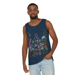 Man wearing a navy tank top with neon cityscape graphic, styled with light jeans