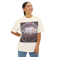 Cream graphic tee with 'Kings of New York' text over city skyline globe design, worn by woman