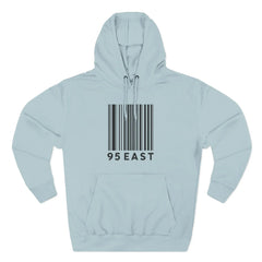 Light blue hoodie with barcode design and '95 EAST' text, modern streetwear style