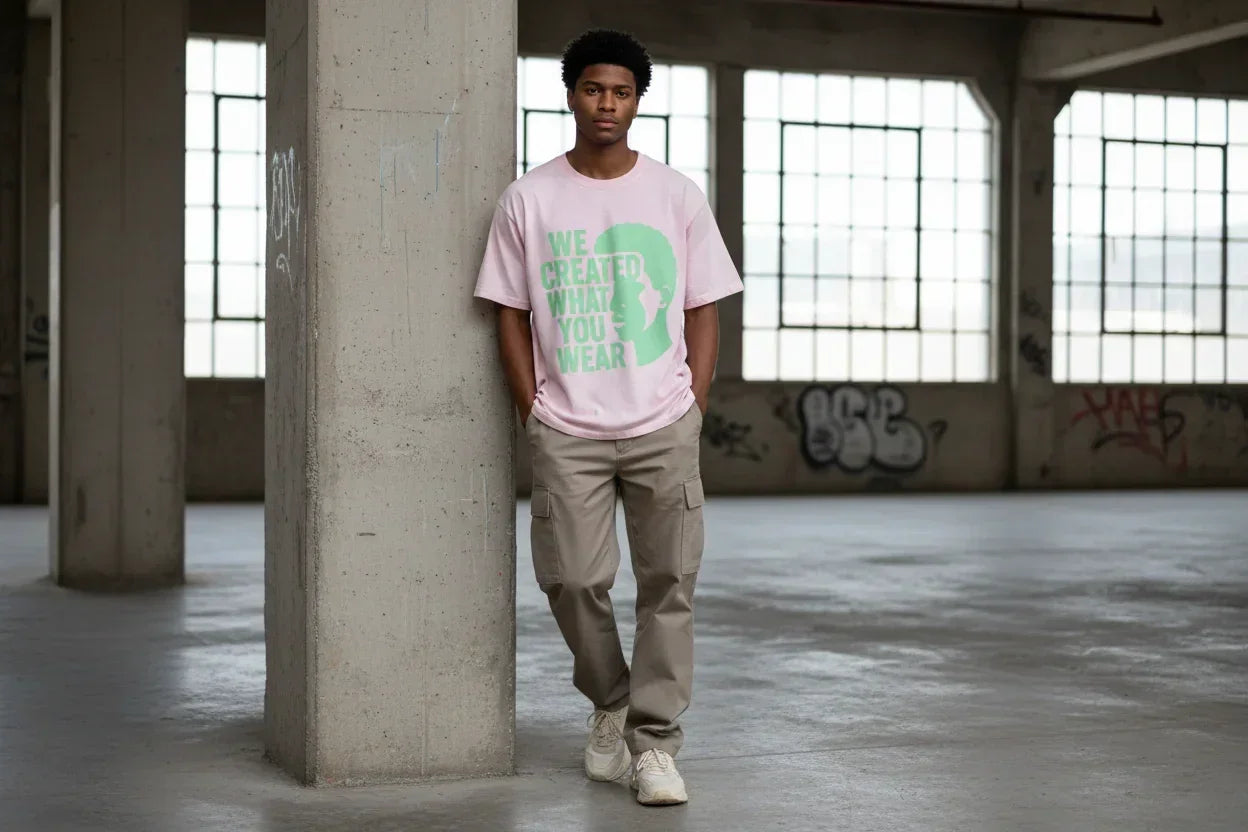 Man wearing pink graphic tee with green text, standing in urban loft with graffiti
