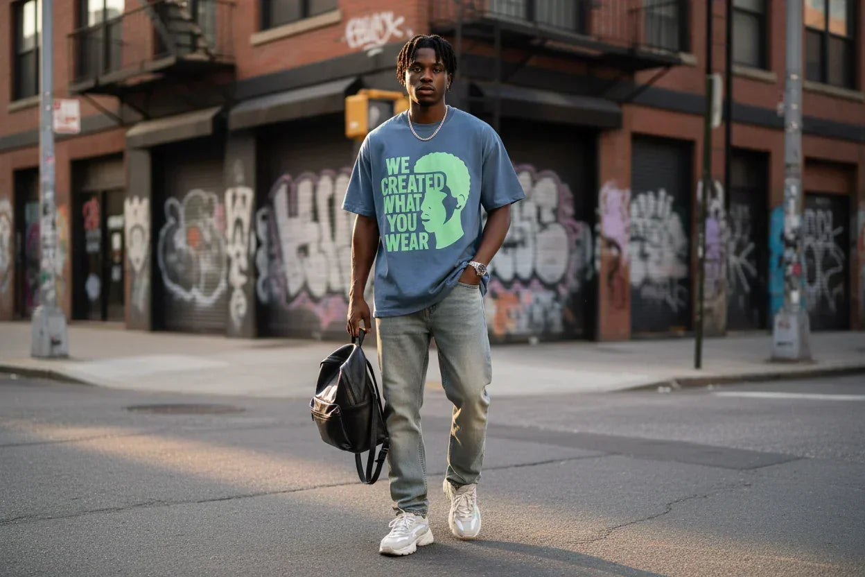 Man wearing graphic tee with 'We Created What You Wear' slogan, walking urban street with graffiti