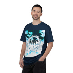 Man wearing navy graphic tee with NYC skyline and 95EAST SUPPLY text, urban streetwear style