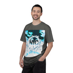 Man wearing dark gray graphic tee with NYC skyline and 95EAST SUPPLY text, modern urban streetwear style