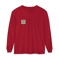 Red long sleeve tee with mint barcode graphic and '95 EAST' text, modern streetwear design