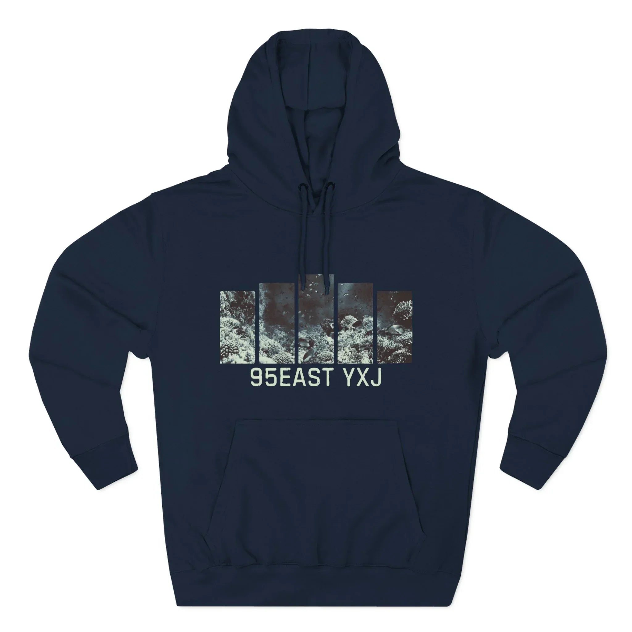 Navy blue hoodie with graphic print and '95EAST YXJ' text on front.