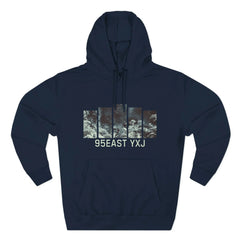 Navy blue hoodie with graphic print and '95EAST YXJ' text on front.