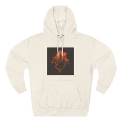 Beige hoodie with orange city skyline and hand graphic on front