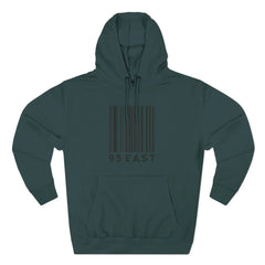 Dark green hoodie with barcode design and '95 EAST' text, modern East Coast style apparel