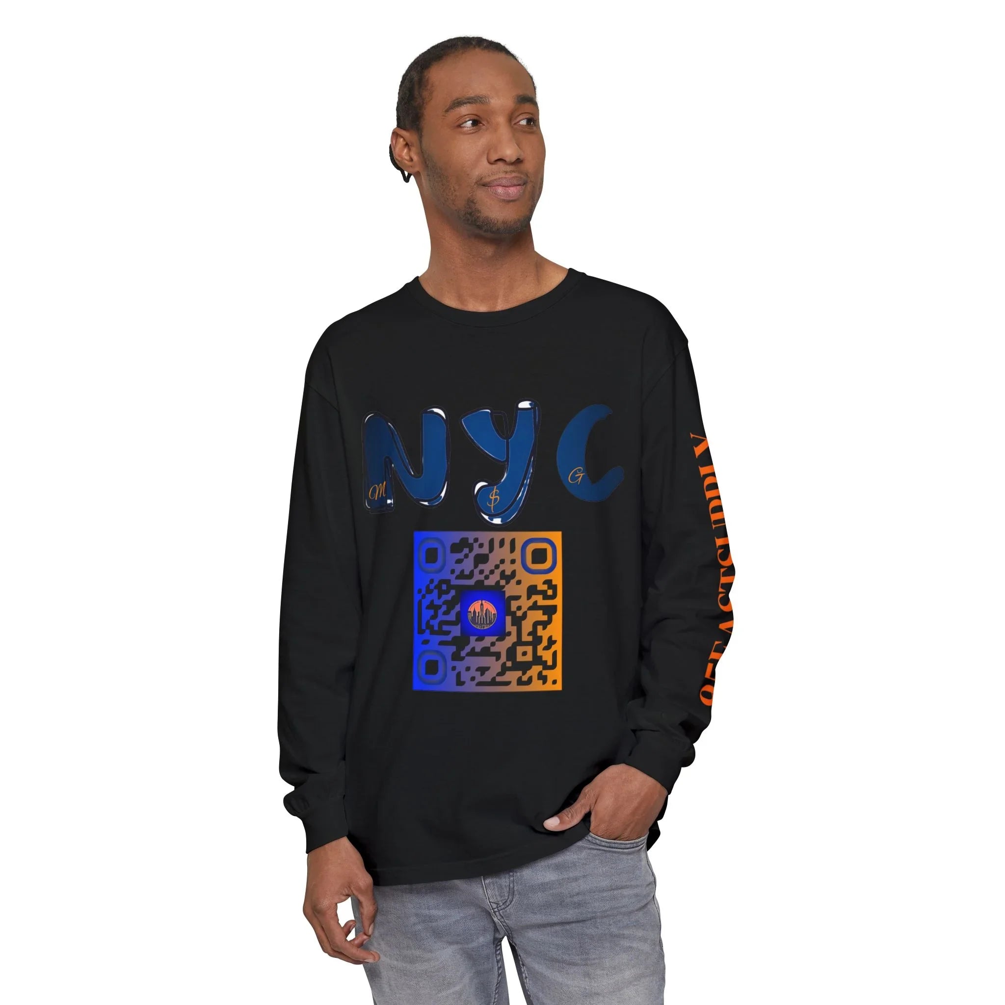 Black long sleeve NYC graphic tee with blue 3D letters, QR code, and orange sleeve text, styled with jeans.