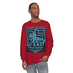 Red long sleeve shirt with 95 East YorkxJersey graphic, city skyline design, modern streetwear style