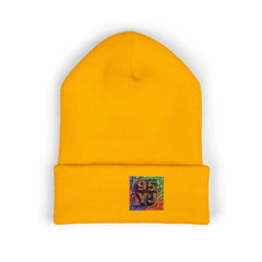Vibrant yellow beanie with colorful 95YJ patch, East Coast style winter hat for everyday wear.