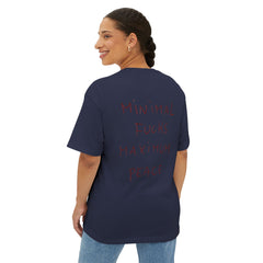 Navy oversized t-shirt with 'Minimal Fucks Maximum Peace' graphic text on back, worn by woman