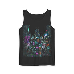 Black tank top featuring a neon-lit cityscape with futuristic urban skyline at night.