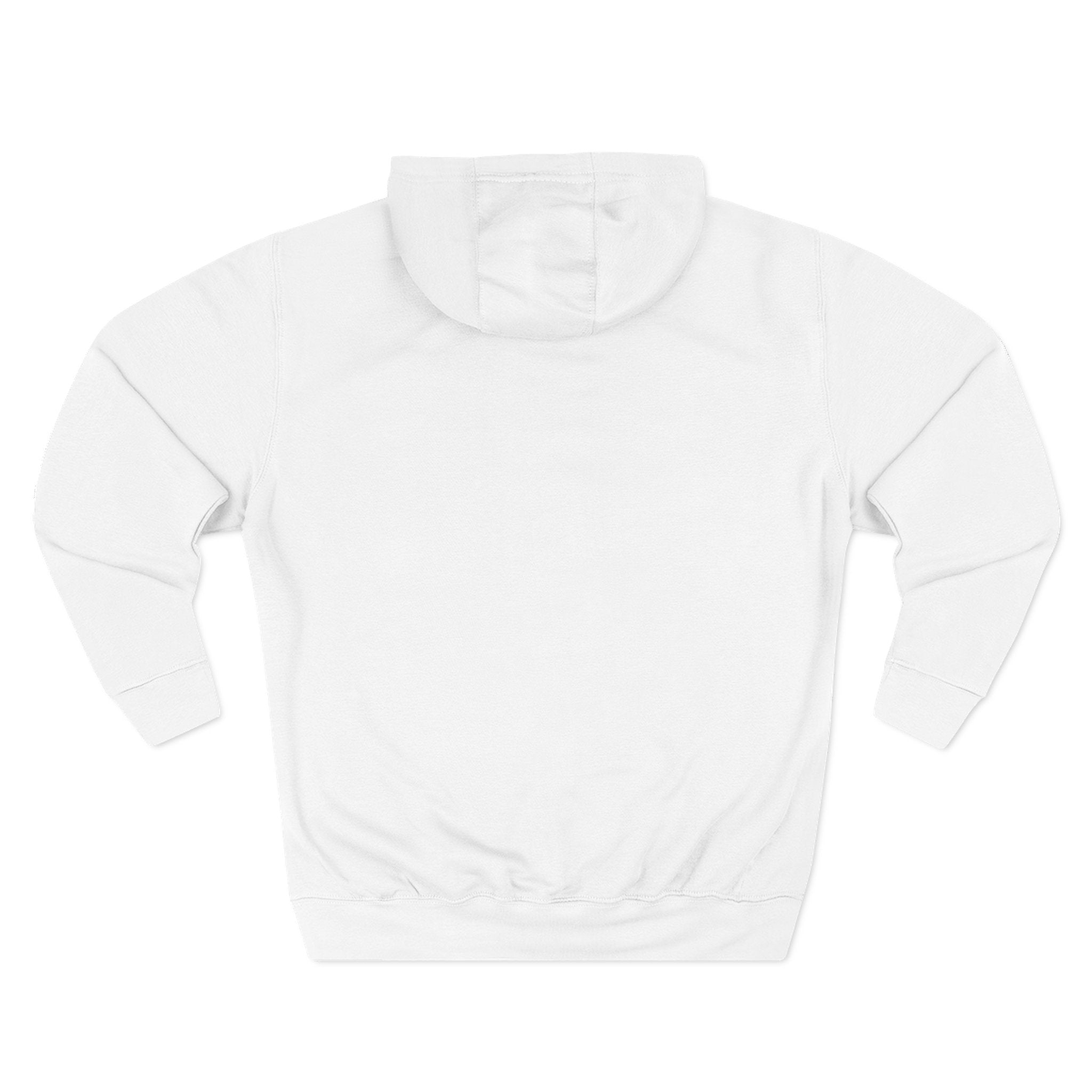 White hoodie back view, plain design, no graphics or text visible