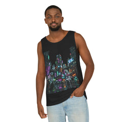 Man wearing black tank top with neon cityscape graphic, light blue jeans, white background