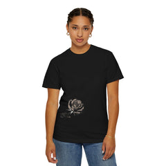 Black t-shirt with gray rose graphic, worn by woman in jeans, stylish and modern design
