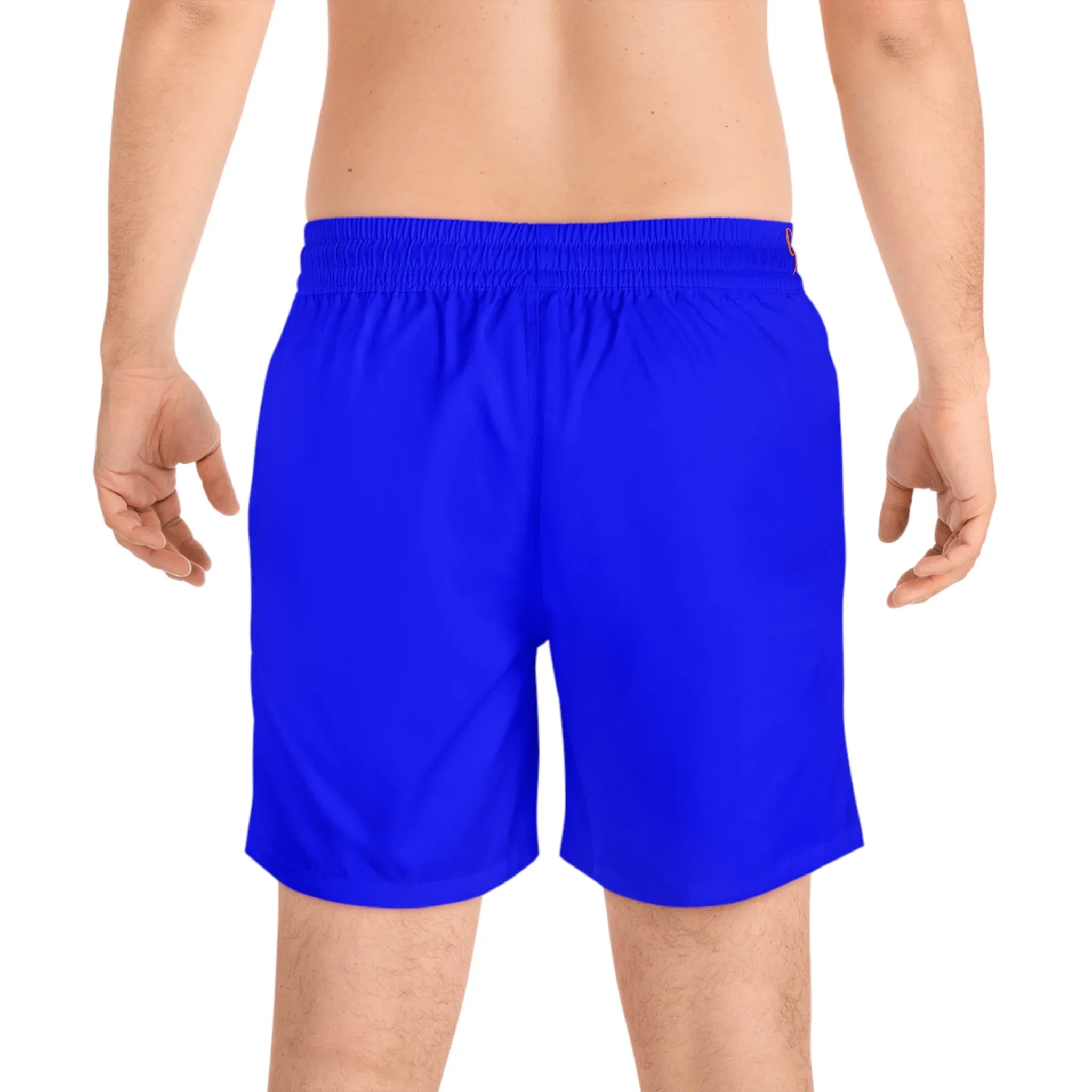 Vibrant blue athletic shorts with elastic waistband, back view