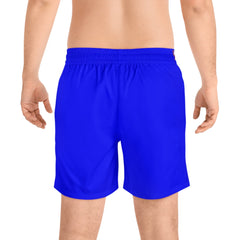 Vibrant blue athletic shorts with elastic waistband, back view