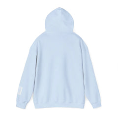Light blue hoodie with long sleeves and barcode detail on left cuff, back view on white background