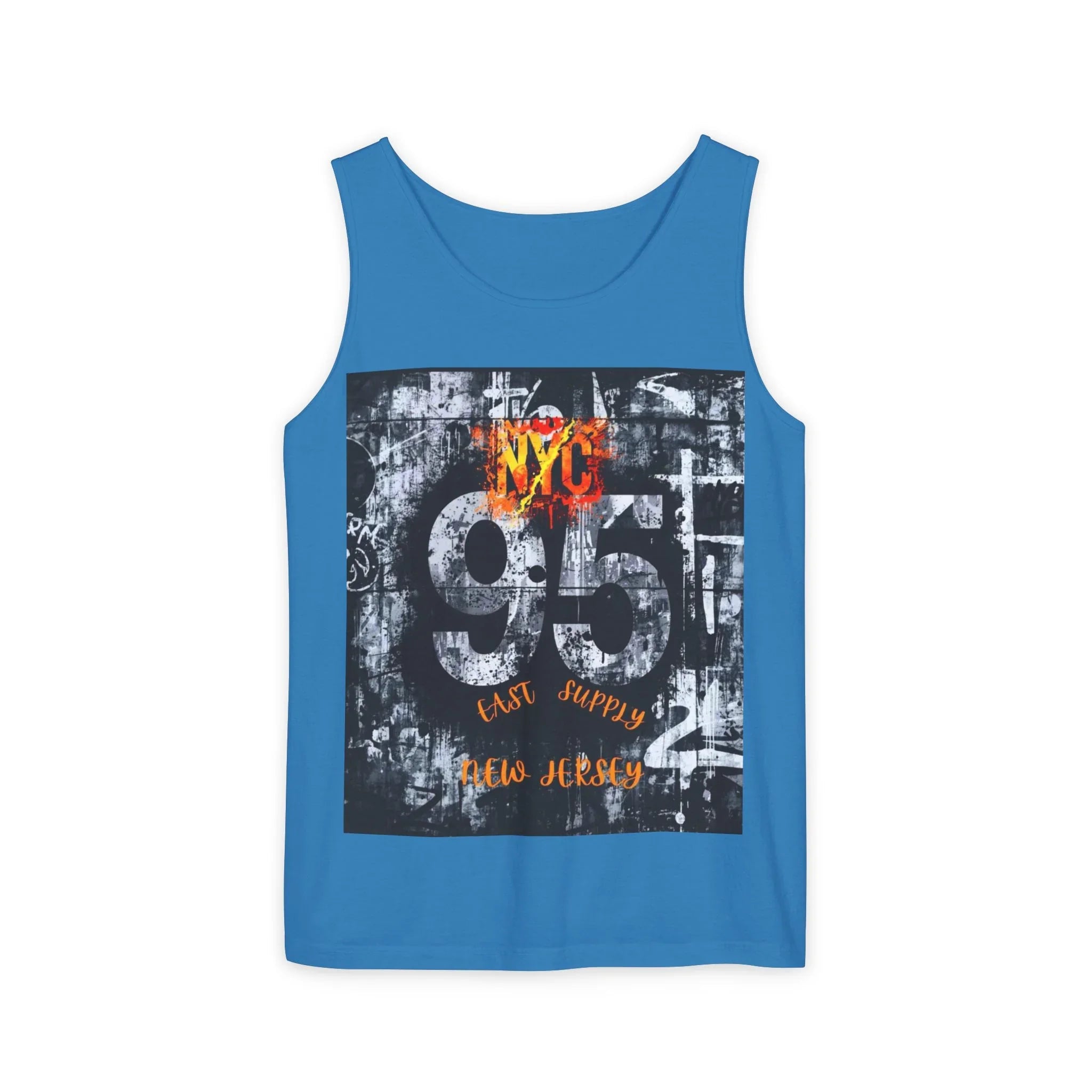Blue tank top with NYC 95 East Supply New Jersey graphic design