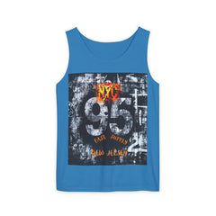 Blue tank top with NYC 95 East Supply New Jersey graphic design