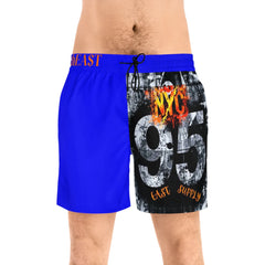 Blue swim trunks with NYC 95 graphic, East Supply print, and drawstring waist