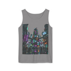 Gray tank top featuring neon-lit futuristic city street art graphic on the front.