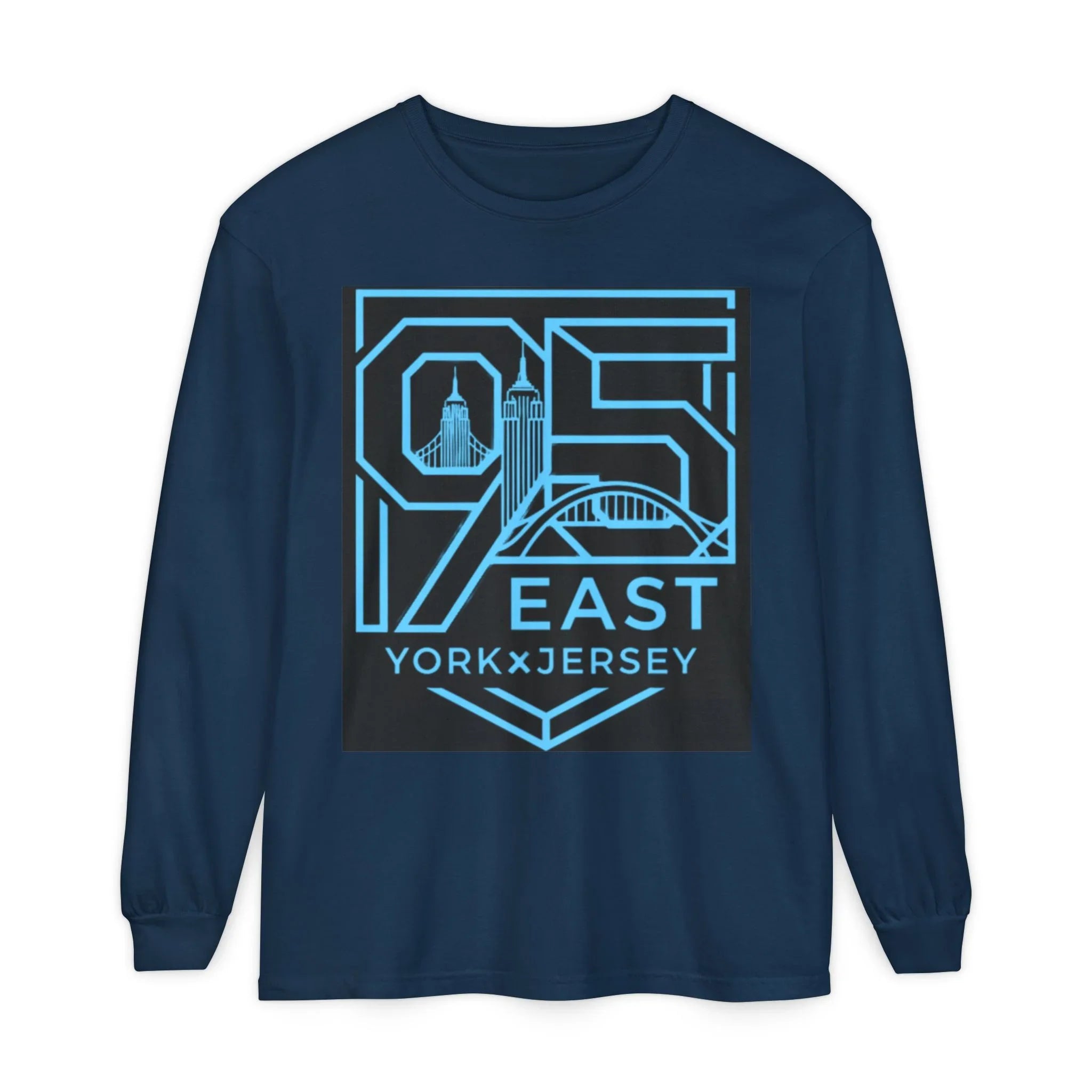 Navy long sleeve shirt with '95 East YorkxJersey' graphic design featuring city skyline and bridge