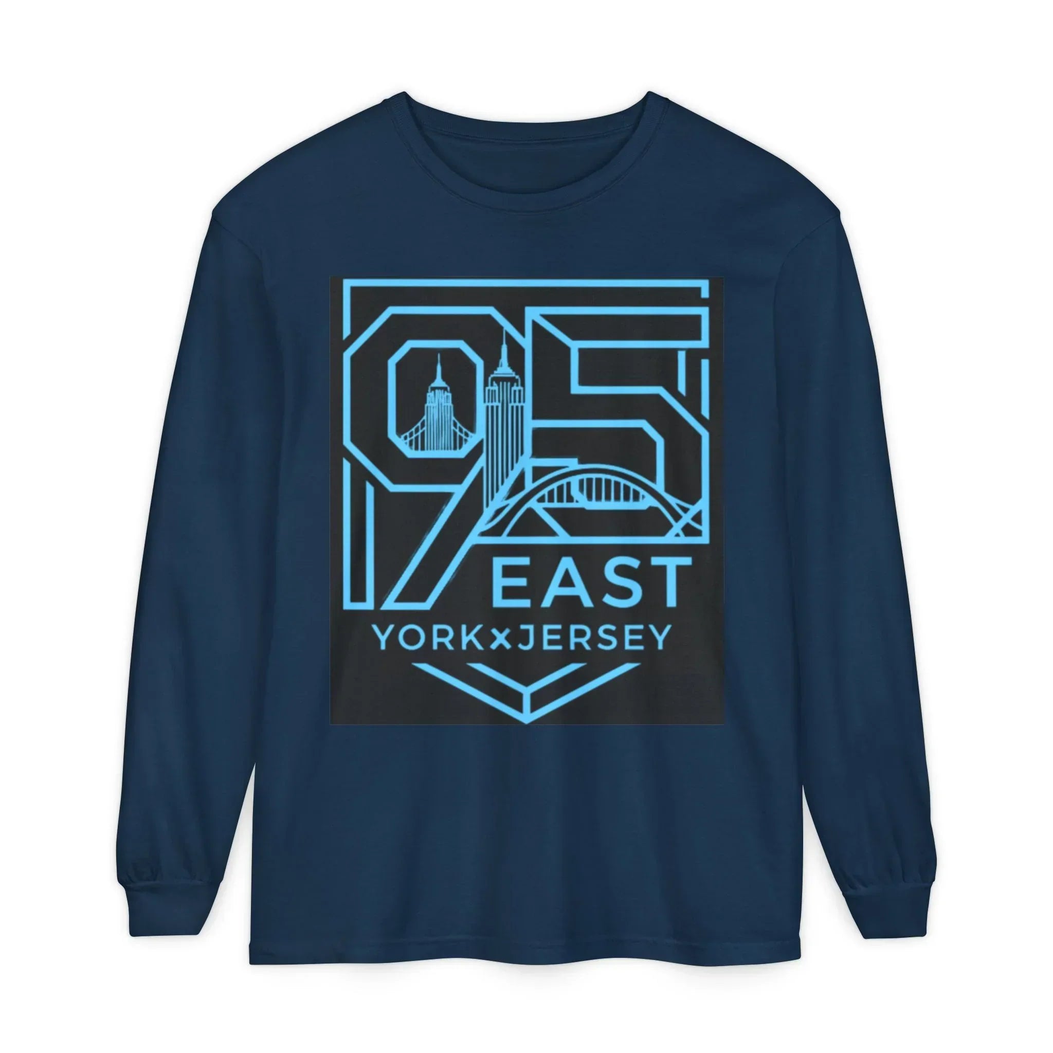 Navy long sleeve shirt with '95 East YorkxJersey' graphic design featuring city skyline and bridge