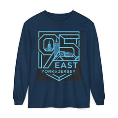 Navy long sleeve shirt with '95 East YorkxJersey' graphic design featuring city skyline and bridge