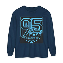 Navy long sleeve shirt with '95 East YorkxJersey' graphic design featuring city skyline and bridge