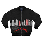Black bomber jacket with city skyline, rose, and 95EAST SUPPLY text design