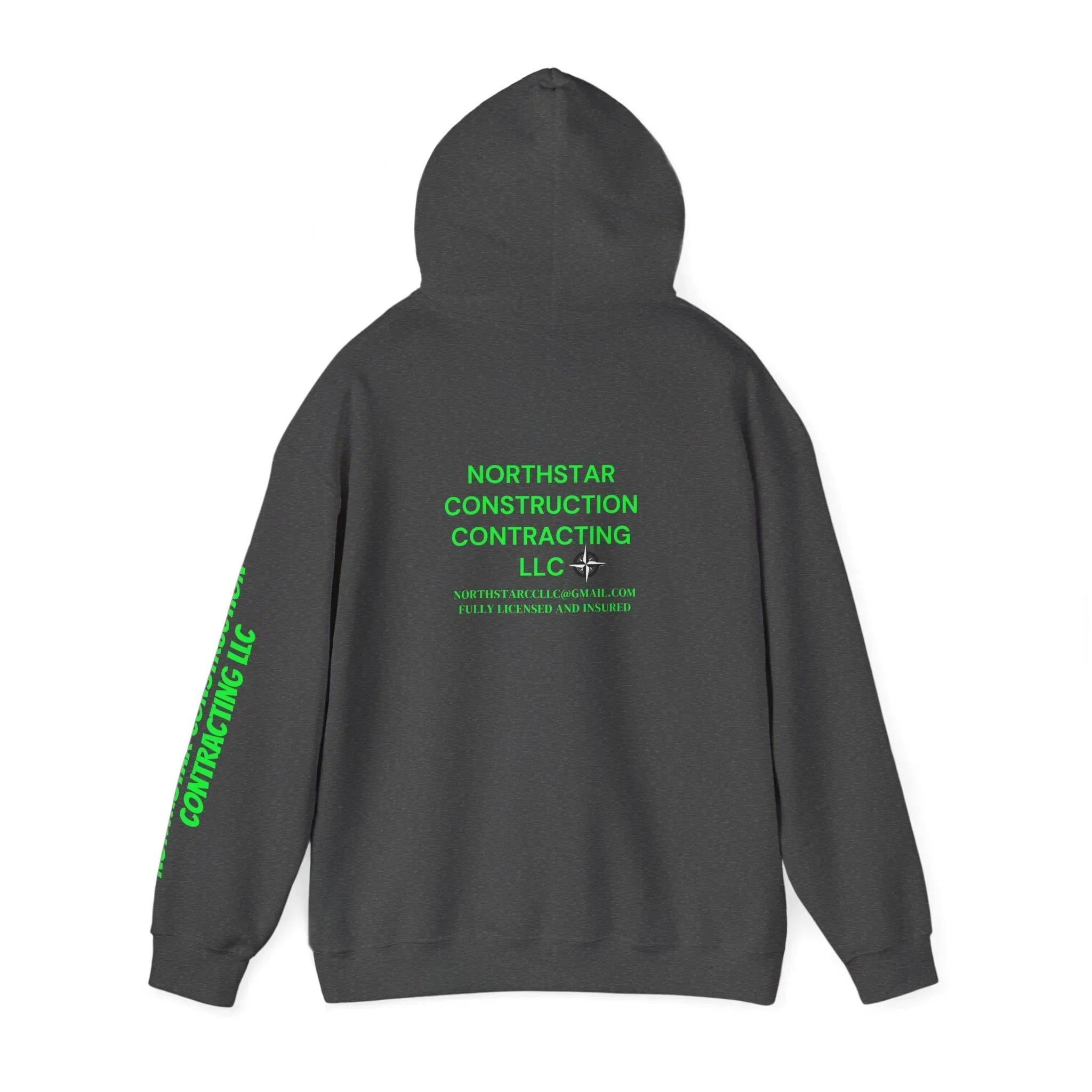 Dark gray hoodie with neon green Northstar Construction Contracting LLC print on back and sleeve
