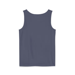 Back view of plain slate blue sleeveless tank top on white background