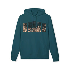 Teal hoodie with underwater coral reef graphic and '95EAST' text, modern streetwear design
