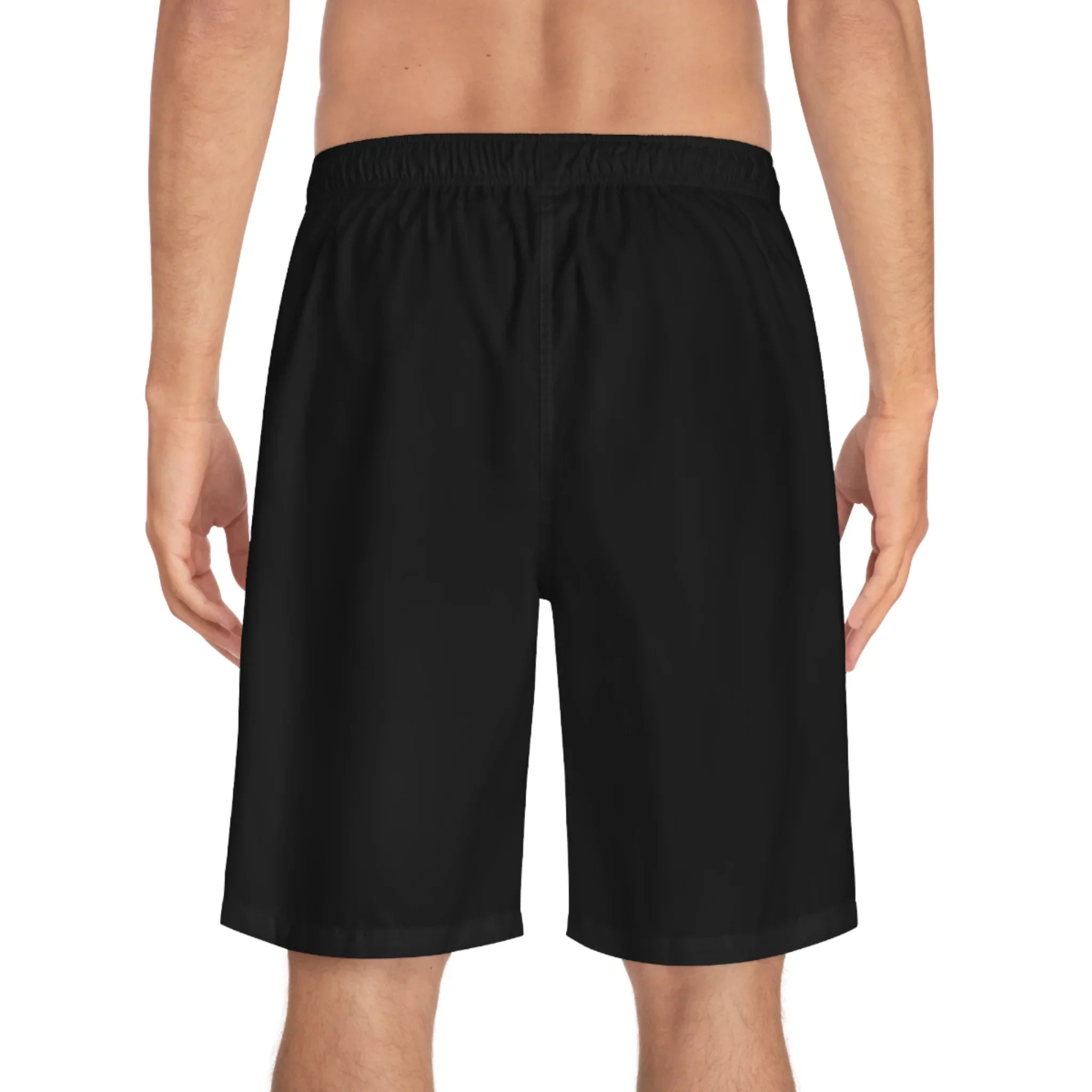 Black athletic shorts with elastic waistband, back view