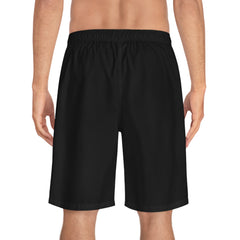 Black athletic shorts with elastic waistband, back view