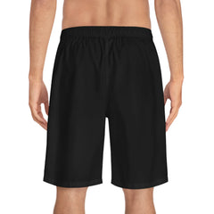 Black athletic shorts with elastic waistband, back view
