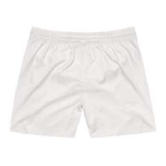 White athletic shorts with elastic waistband, back view